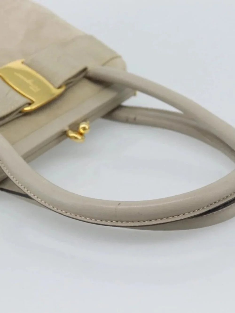 Salvatore Ferragamo Vala Hand Bag Suede Beige Gold Auth ka4791
